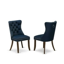 East West Furniture Parson Chairs - Navy Blue faux leather Upholstered, Set of 2, Antique Walnut