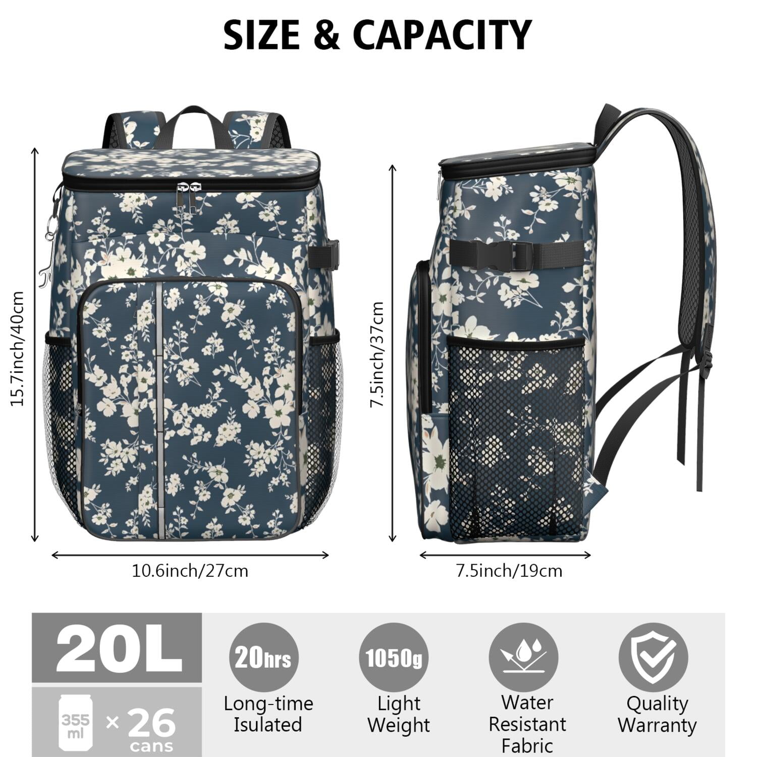 Travel Cooler Bag - Pioneer Flower Floral Print Pattern Camping Beer Cooler Backpack with Bottle Opener- Waterproof Insulated Picnic Backpacks - Cooler Bag for Beach