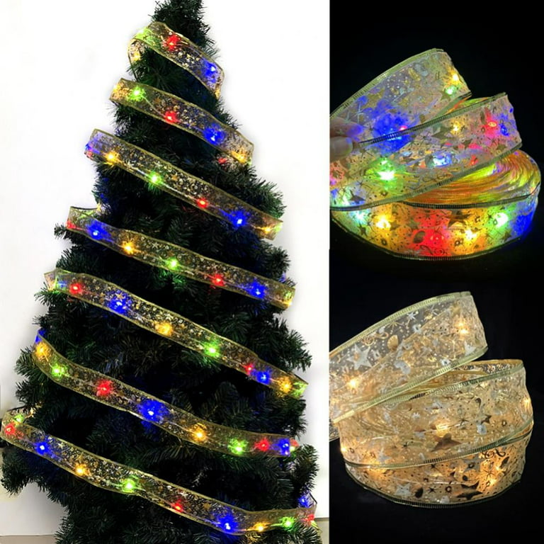 Christmas Ribbon Fairy Lights 13ft, Battery Powered LED Organza Christmas  Tree Ribbon with Copper Wire Fairy Lights for Weddings New Year Christmas
