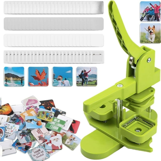 (GREEN)Fridge Magnet Maker Machine, 50mm Square Photo Magnet Button Maker Kit, DIY Square Fridge Magnet Badge Button with 100 Set Square Magnet Button Making Supplies, for Souvenir, Activity Badge