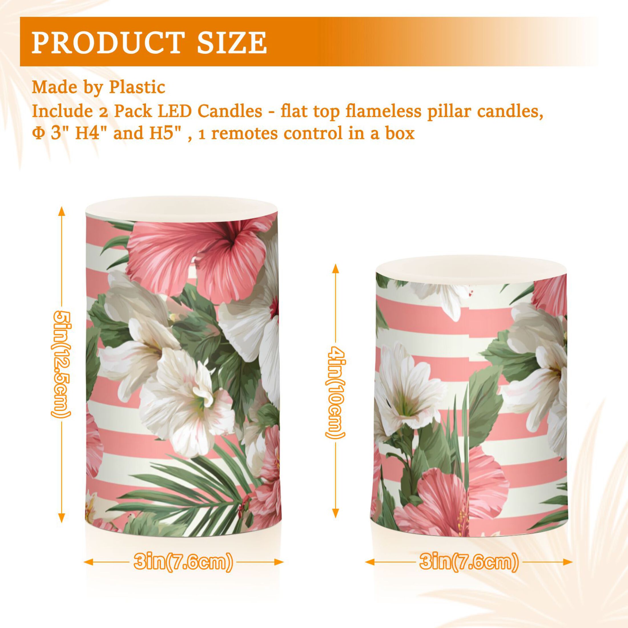 Pink Stripes Hawaiian Flowers Flickering Flameless Candles LED Tealight Battery Operated with Remote Set of 2 Holiday Decor Ornaments