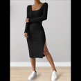 thumbnail image 4 of Vestido de Otoño para Mujer, Larga, Cuello Cuadrado, Tejido, Midi, para Playa, Resort, con Abertura, Maxivestido Ajustado. Negro L, 4 of 7