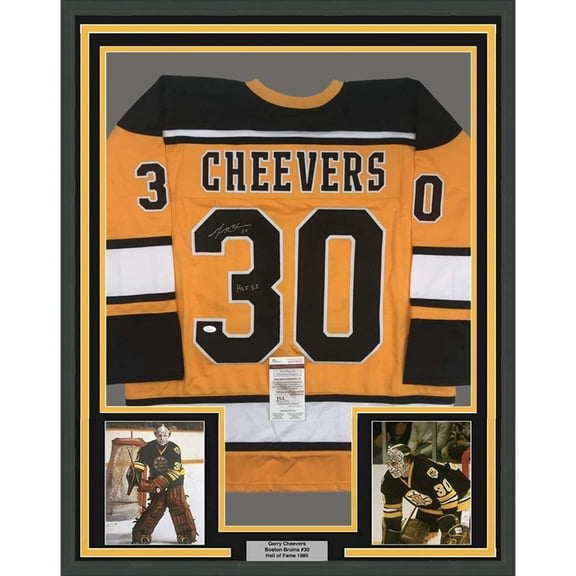 Framed Autographed/Signed Gerry Cheevers HOF 85 35x39 Boston Yellow Hockey Jersey JSA COA