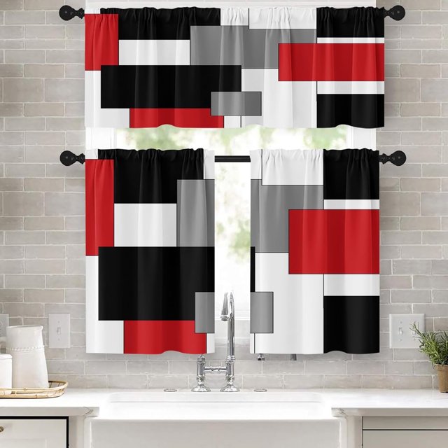 Rideaux de Cuisine Rouges Rideaux de Fenêtre Noirs Gris Cantonnière et Ensemble de Panneaux 36 Pouces, Rideau Court Moderne à Passe-Tringle pour Salle de Bain, Petits Rideaux de Café Art Abstrait pour Déco de Cuisine