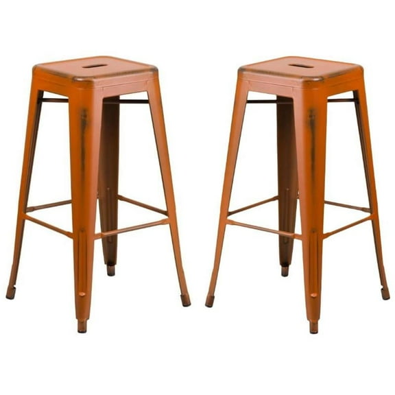 Home Square 30" Metal Backless Bar Stool in Distressed Orange - Set of 2