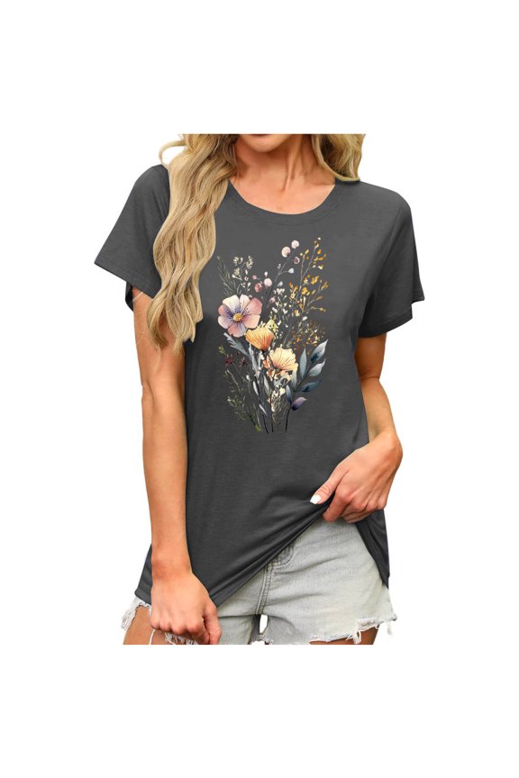Blouses for Women,Pretty Floral Print Crewneck Short Sleeve T Shirt Summer Casual Tops for Ladies