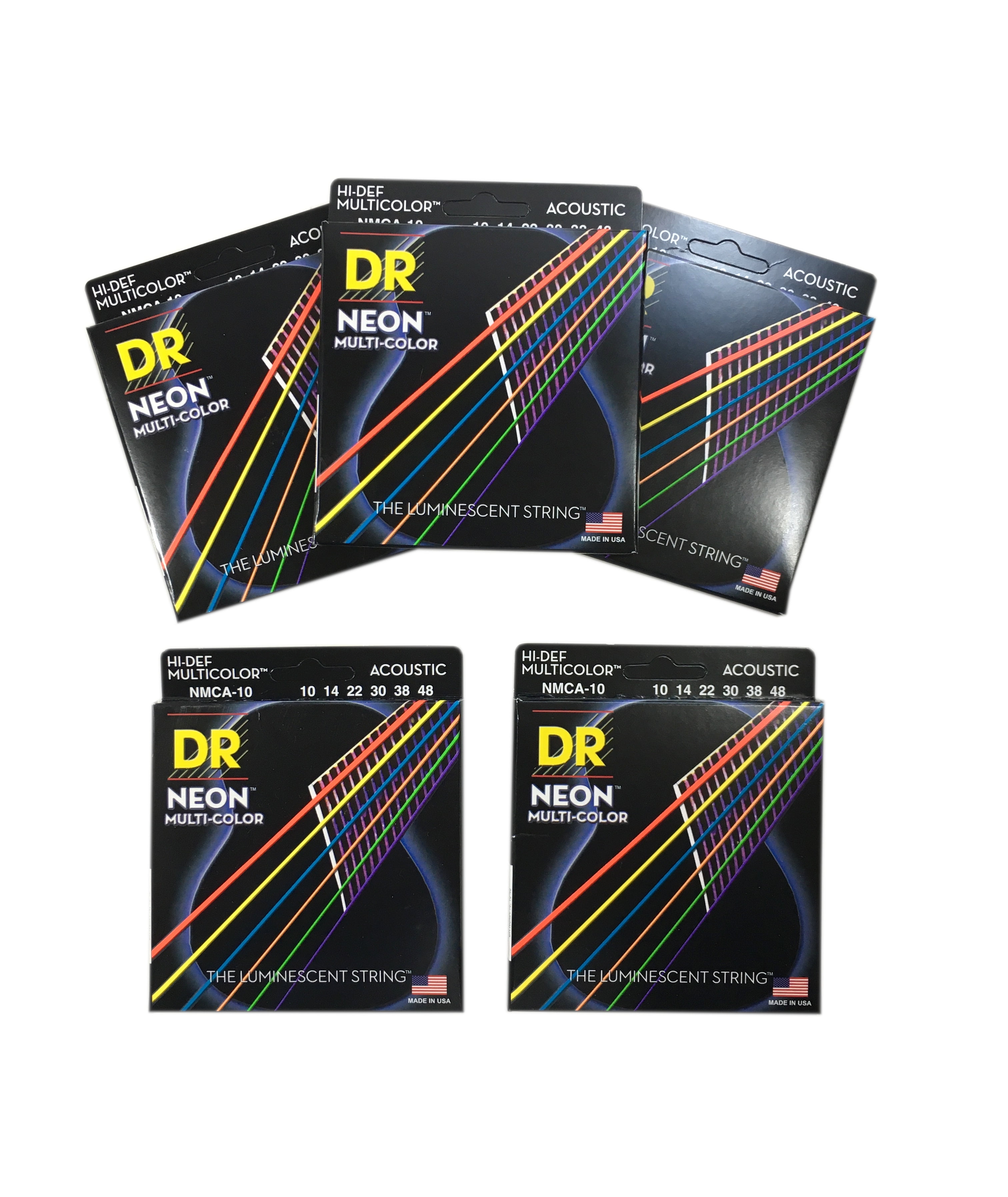 DR Guitar Strings 5 Pack Acoustic Neon Multicolor Lite 10-48 Luminescent