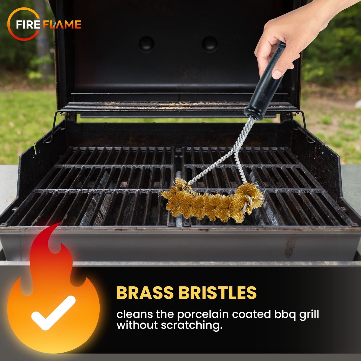 Fireflame BBQ Grill Brush  Non-Scratch Brass Bristles - 12-Inch Long Handle Barbecue Grill Cleaning Brush - Wide-Faced Spiral Heavy-Duty  Made in The USA