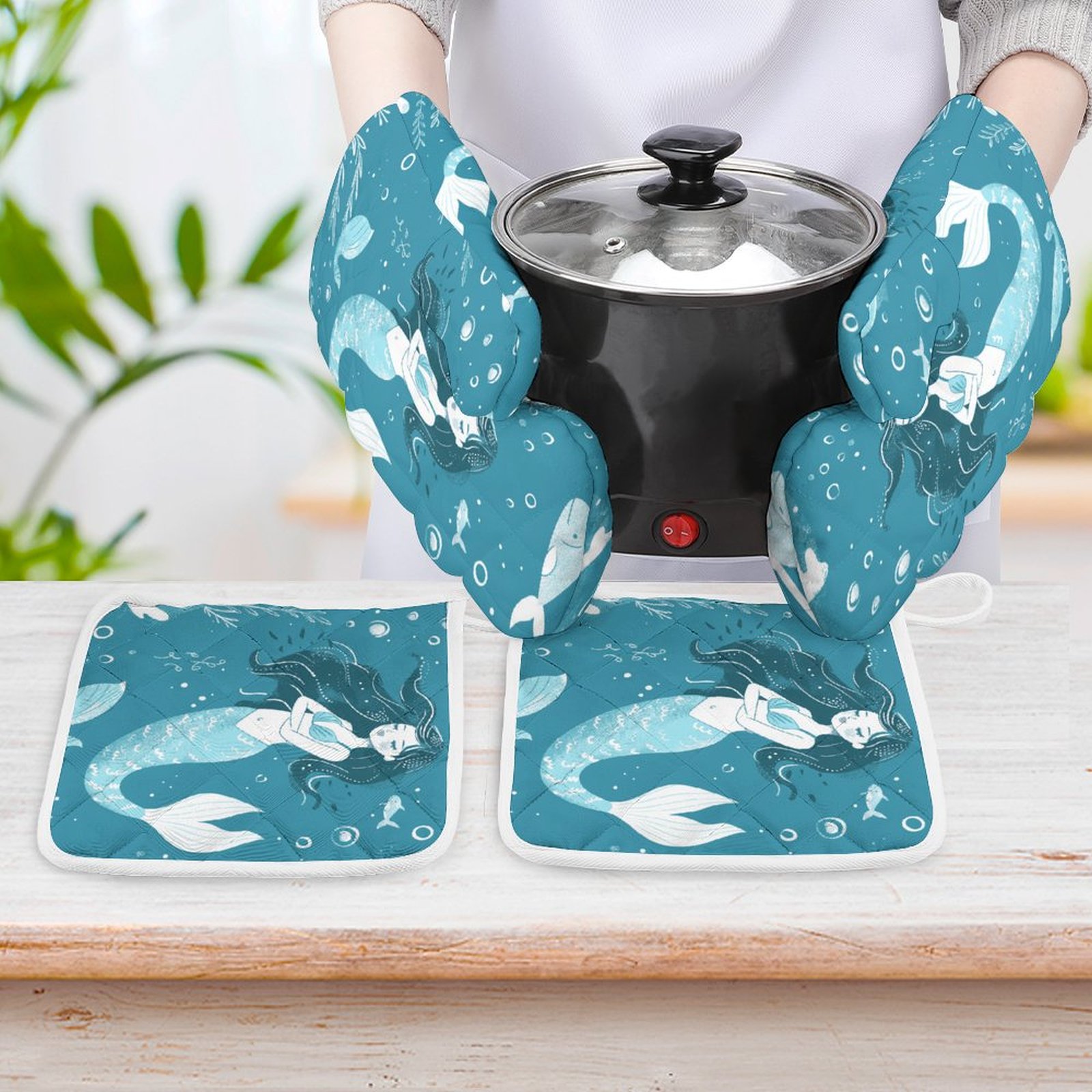 Ocean Cute Mermaid Heat Resistant Microwave Oven Gloves Set for BBQ Baking Grilling,Baking Gifts Cooks for Women,Housewarming Gifts for New Home