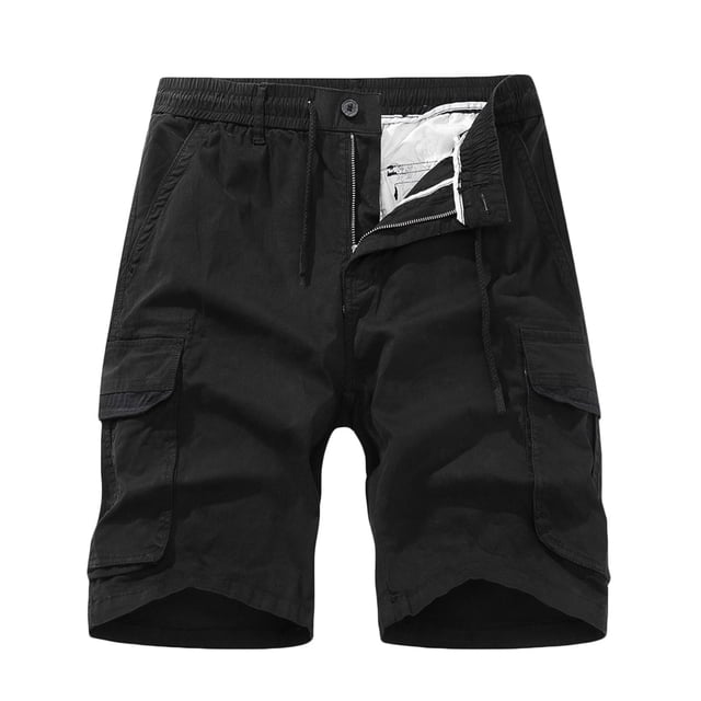 Pisexur Half Shorts Pants Men Casual Solid Zipper Button Pockets Elastic Waist Cropped Cargo Shorts