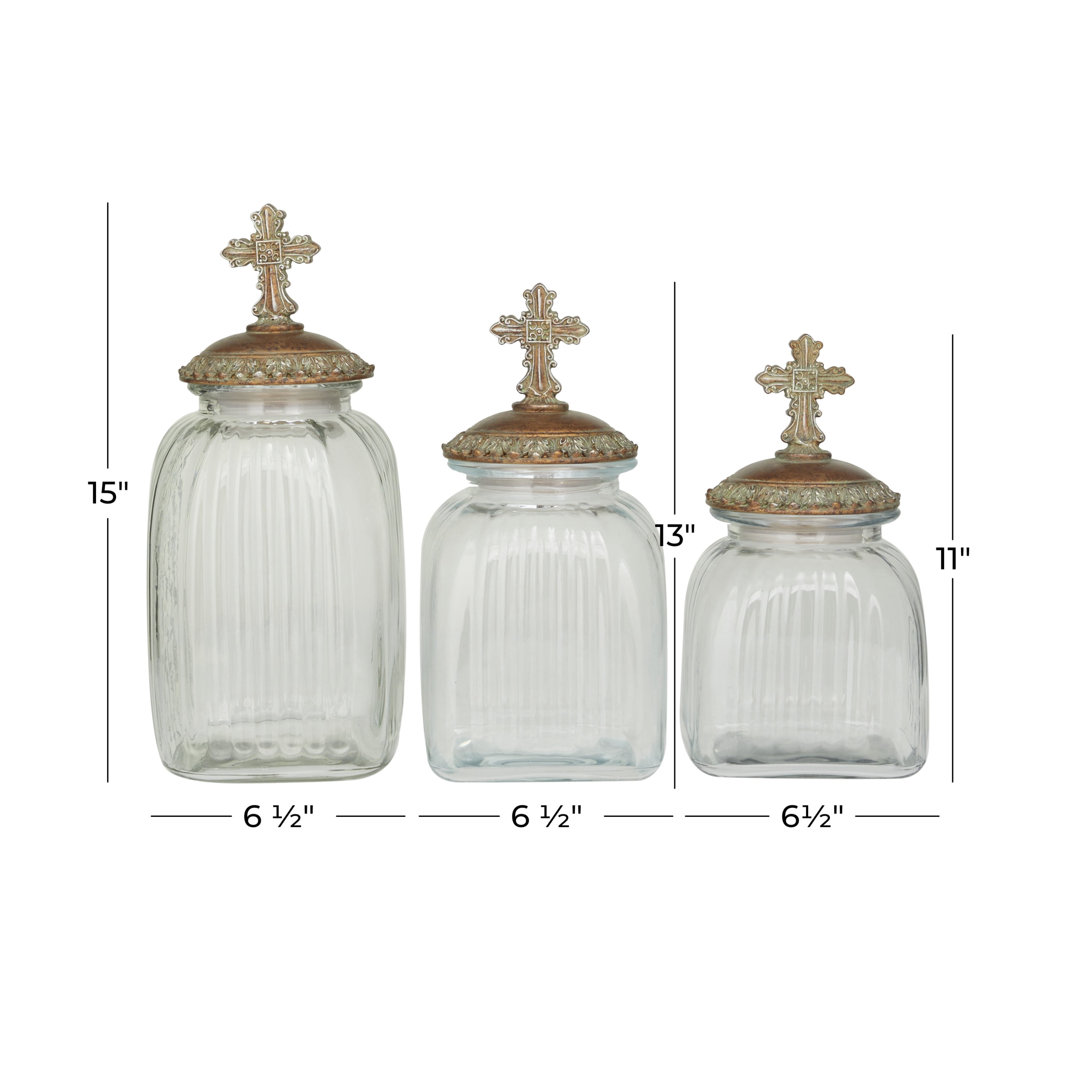 DecMode 15", 13", 11"H Clear Glass Biblical Decorative Jars with Cross Lids, 3-Pieces