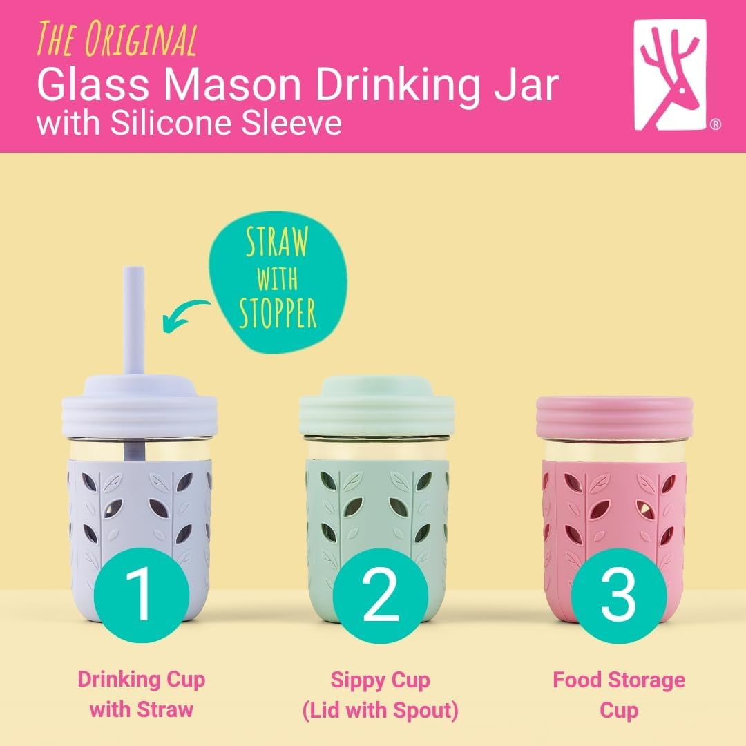 Kids + Toddler Glass Cups | The Original 8oz Glass Mason Jar with Sleeves + Lids | Silicone Straws + Stopper | Smoothie Cup | Food Storage | Spill Resistant | Dishwasher Safe | 4 Pack