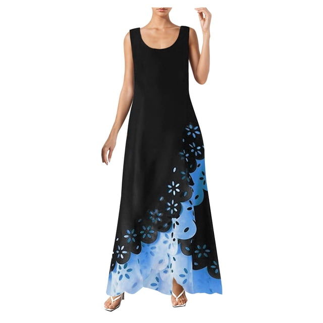 Babysbule Liquidation Robes d'Été pour Femmes, Robe Longue Maxi Sans Manches à Imprimé à Col Rond pour Femmes, Robe Chemise de Plage
