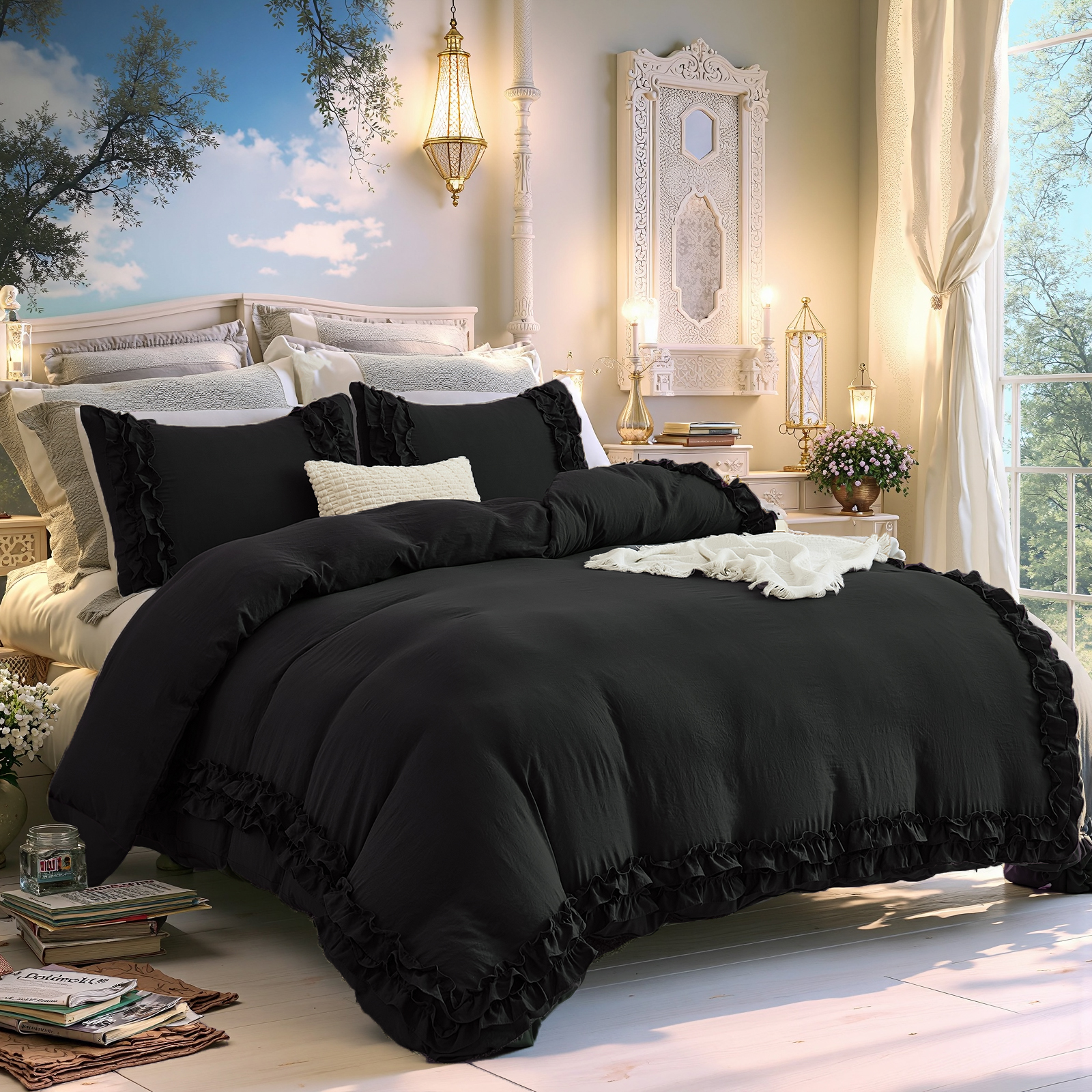 Boho Ruffled Comforter Set Super Soft Cozy Bedding Set with Pillowcases Elegant Chic Bedroom Decor Rustic Farmhouse Quilt Comforter 3 Pcs Set