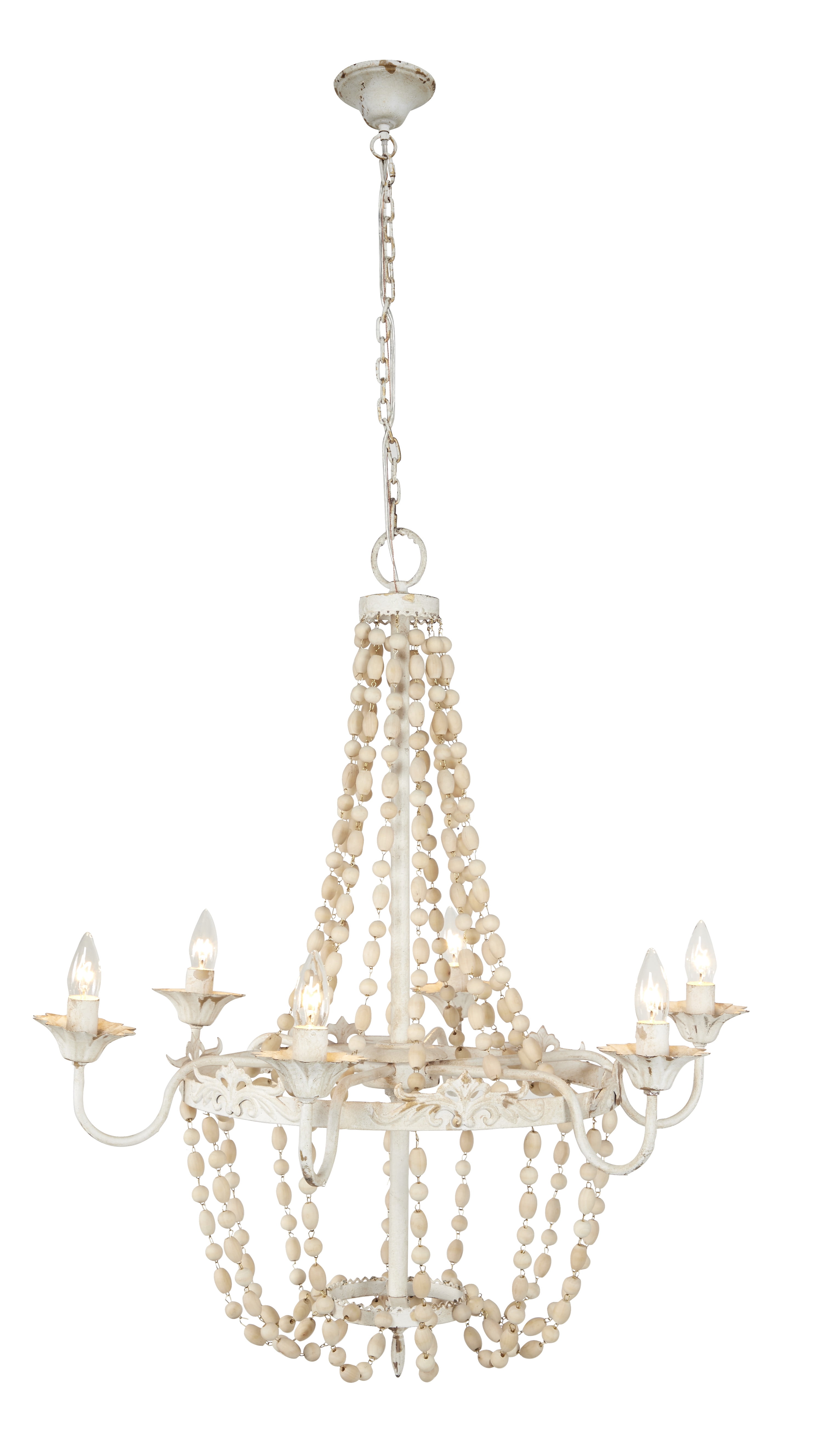 Decmode - Large White Metal and Wood Bead Chandelier, 30” x 34”