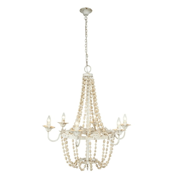 Decmode - Large White Metal and Wood Bead Chandelier, 30” x 34”