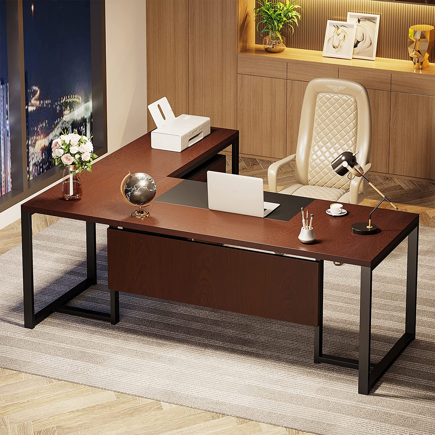 Tribesigns 70.9 x 31.5 Extra Large Office Executive Desk with Power Outlet  and File Cabinet, Office Workstation, Walnut & Black