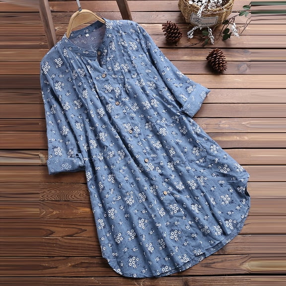 Blue Womens Tops Print TShirt Tops Womens Long Pleated Casual Blouse Floral Sleeve Women's Blouse Shirts for Women