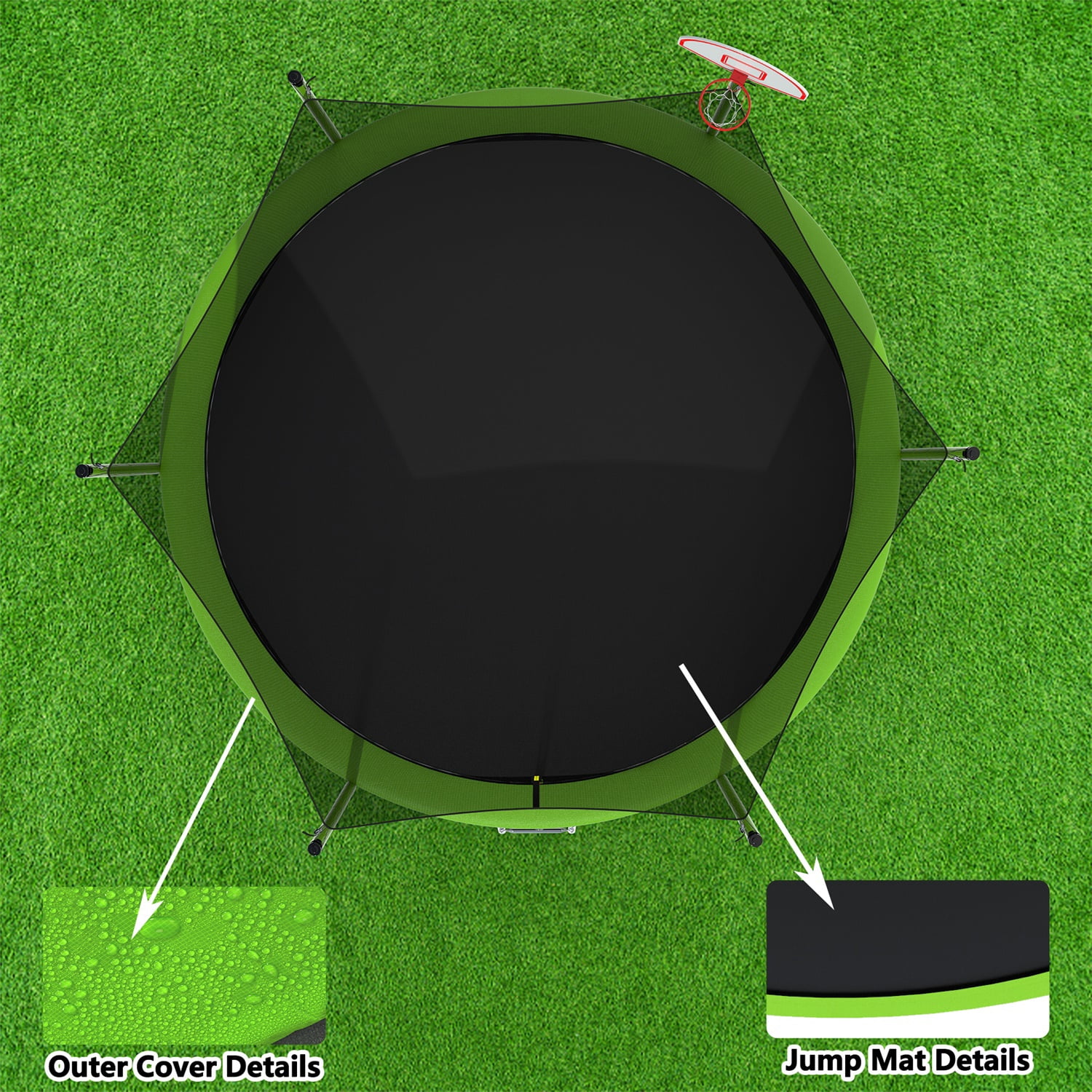 Hommoo 14FT Trampoline for Kids, Outdoor Backyards Large Recreational Trampoline with Basketball Hoop and Ladder, Safety Enclosure Net, Green