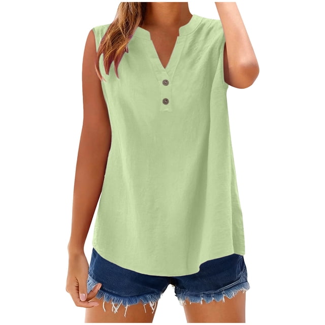 WRKEKC Womens Tank Tops Cotton Linen Shirt Solid Color Button Down Sleeveless V-Neck Camisole Casual Top