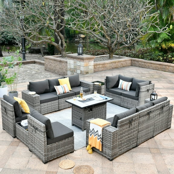 Ovios 13 Pieces Outdoor Patio Furniture with Fire Pit Table All Weather Wicker Sectional Set for Porch