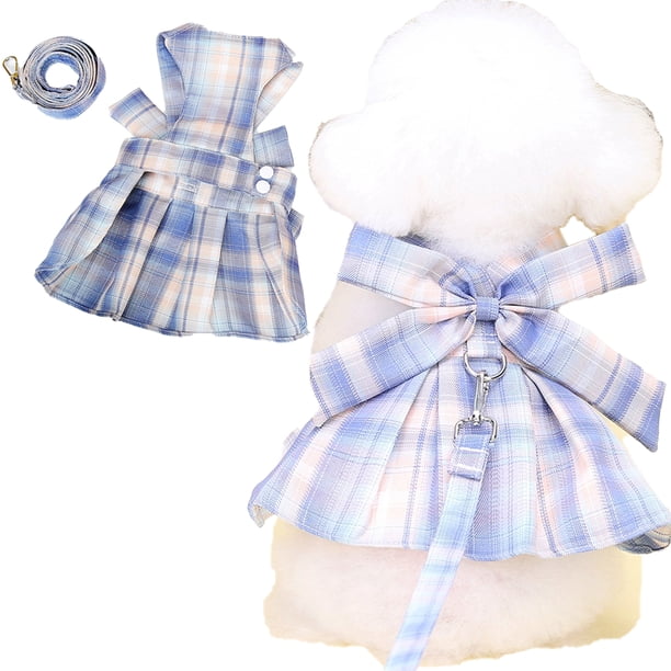 Apuakthei - Vestido a cuadros para perro, pajarita, arnés, correa, conjunto para perros pequeños, gatos, niñas, bonitos vestidos para perros, ropa para cachorros y conejos (azul)