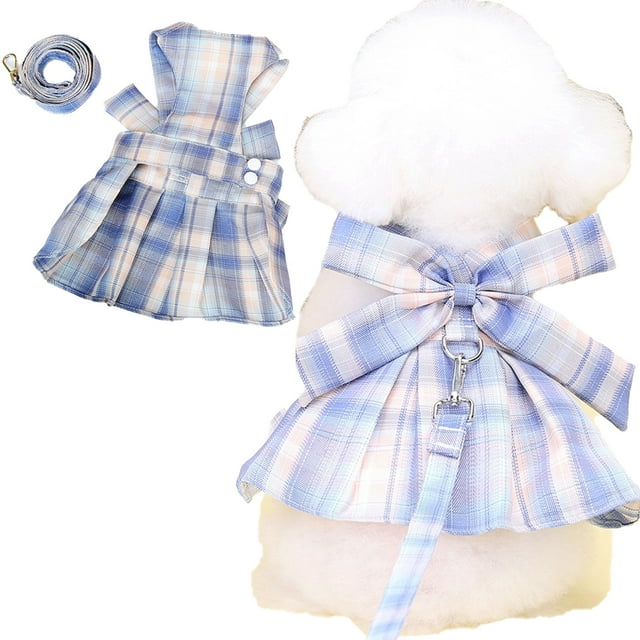 Apuakthei - Vestido a cuadros para perro, pajarita, arnés, correa, conjunto para perros pequeños, gatos, niñas, bonitos vestidos para perros, ropa para cachorros y conejos (azul)