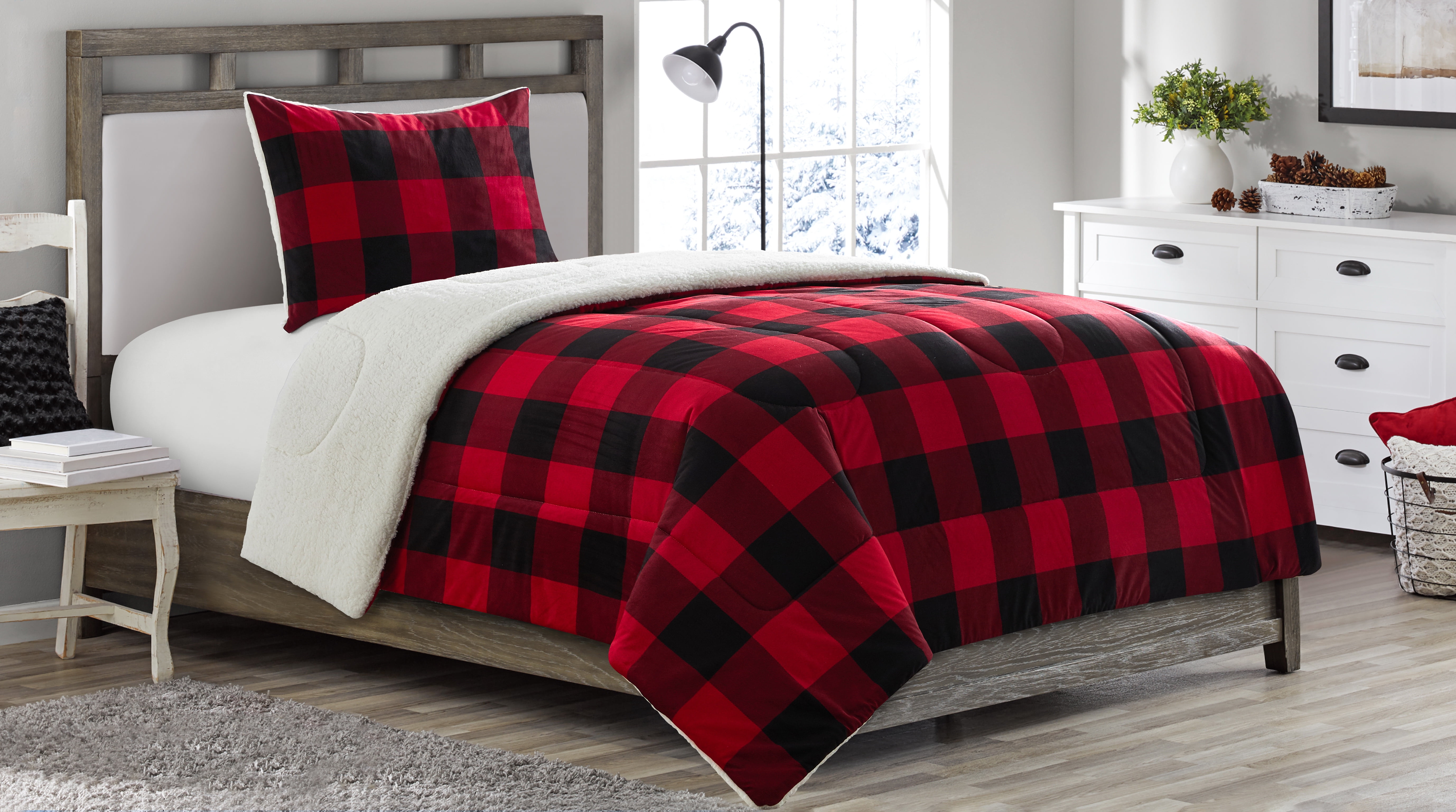 Twin XL Red Black Buffalo Check 3 Piece Down Alternative Comforter Set 