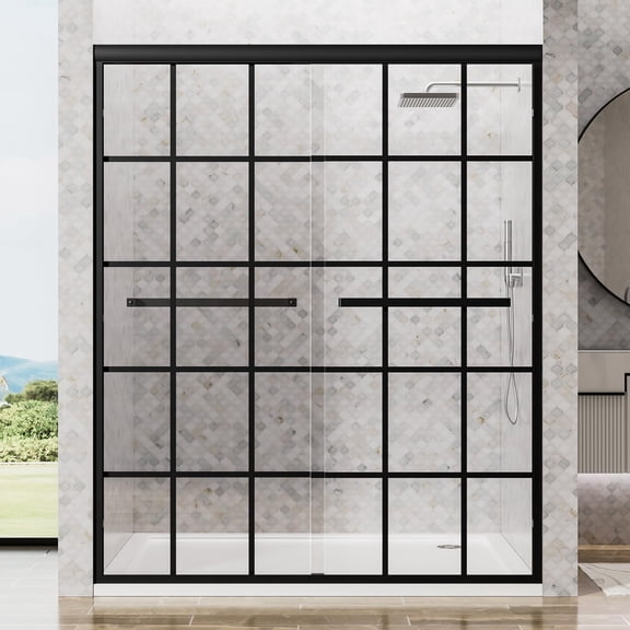 56–60" W × 72" H Sliding Glass Shower Doors, Windowpane Aluminum Framed Double Bypass, Soft-Close, Matte Black, 6mm Tempered Glass Grid
