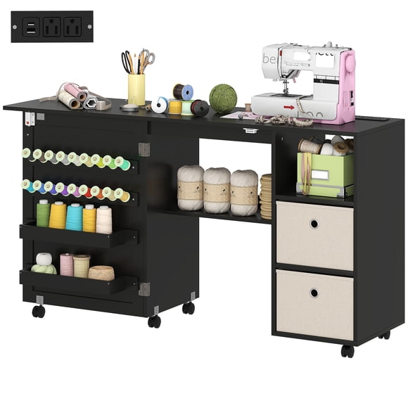 Table Roulante Noire pour Machine à Coudre avec Prise de Courant et Rangement - Table d'Artisanat Pliante pour Salon, Chambre et Bureau - 57,6 Po de Large
