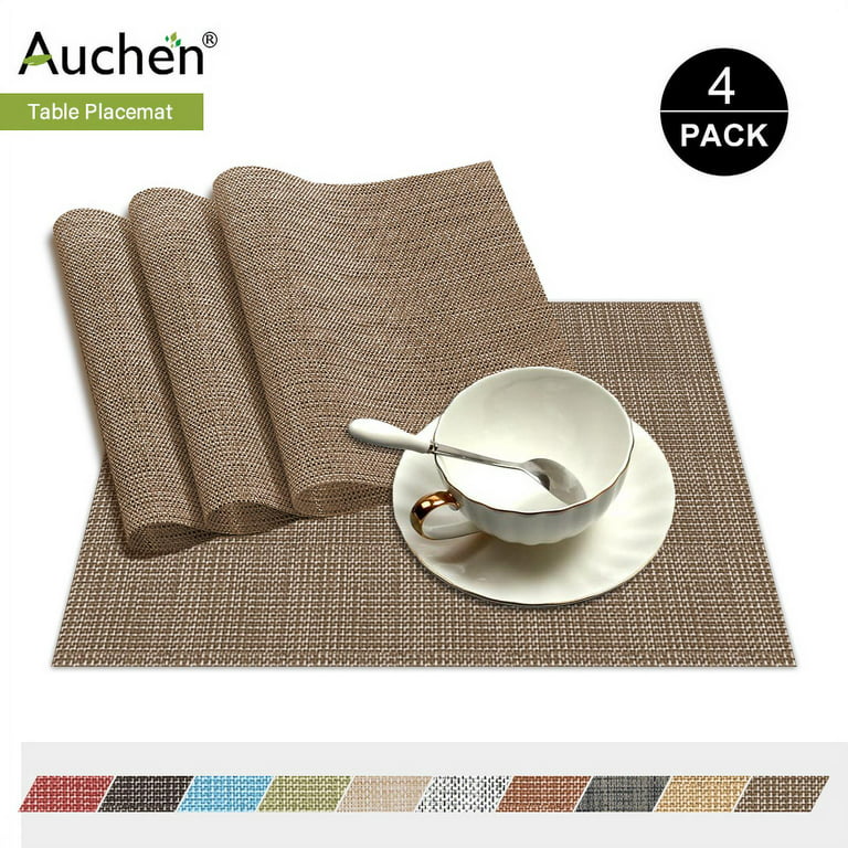 Vinyl Placemats, Rectangle 12×18 Washable Vintage Woven Placemats, Non- Slip Insulation Placemat Washable Table Mats for Dining Kitchen Restaurant  Table - 4 PCS, Brown 