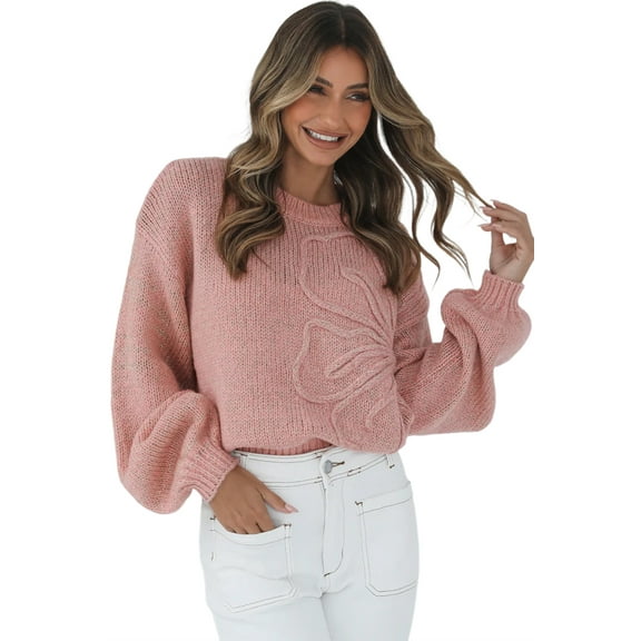 Women's Peach Blossom Bubble Sleeve Drop Shoulder Sweater with Big Flower Accent | [ZhiHiMeRi] | L