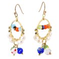 thumbnail image 2 of Bohemian Multicolor Millefiori Glass and Pearl Chandelier Brass Earrings, 2 of 5