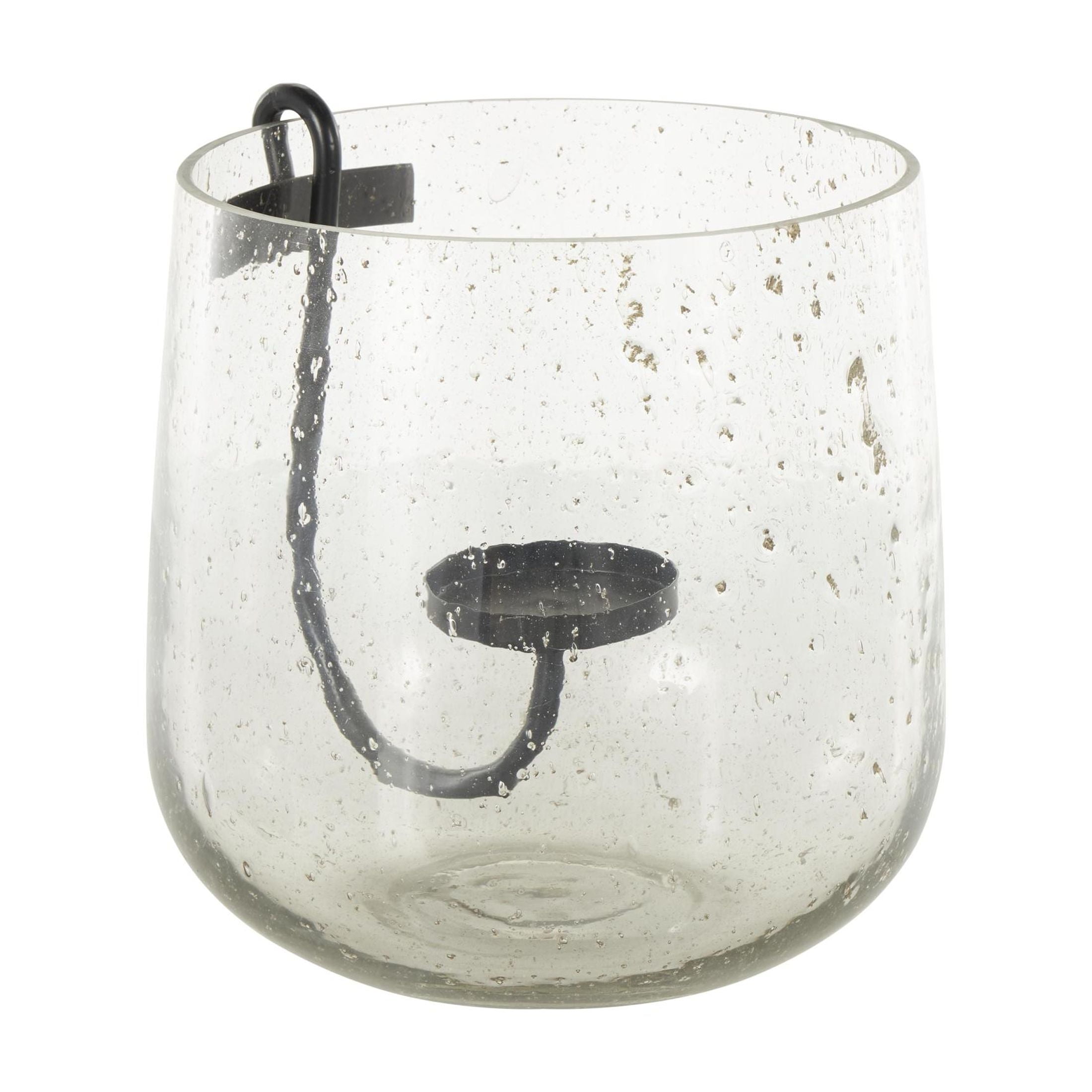 DecMode Glass Candle Holder with Black Metal Accents and Brown Speckles