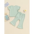 thumbnail image 4 of Suealasg Toddler Girl Summer 2 Piece Outfits Set 6M 1T 2T 3T 4T Baby Girl Clothes Solid Color Ribbed Short Sleeve T-Shirt and Elastic Flare Pants for Kids Girl, 4 of 9