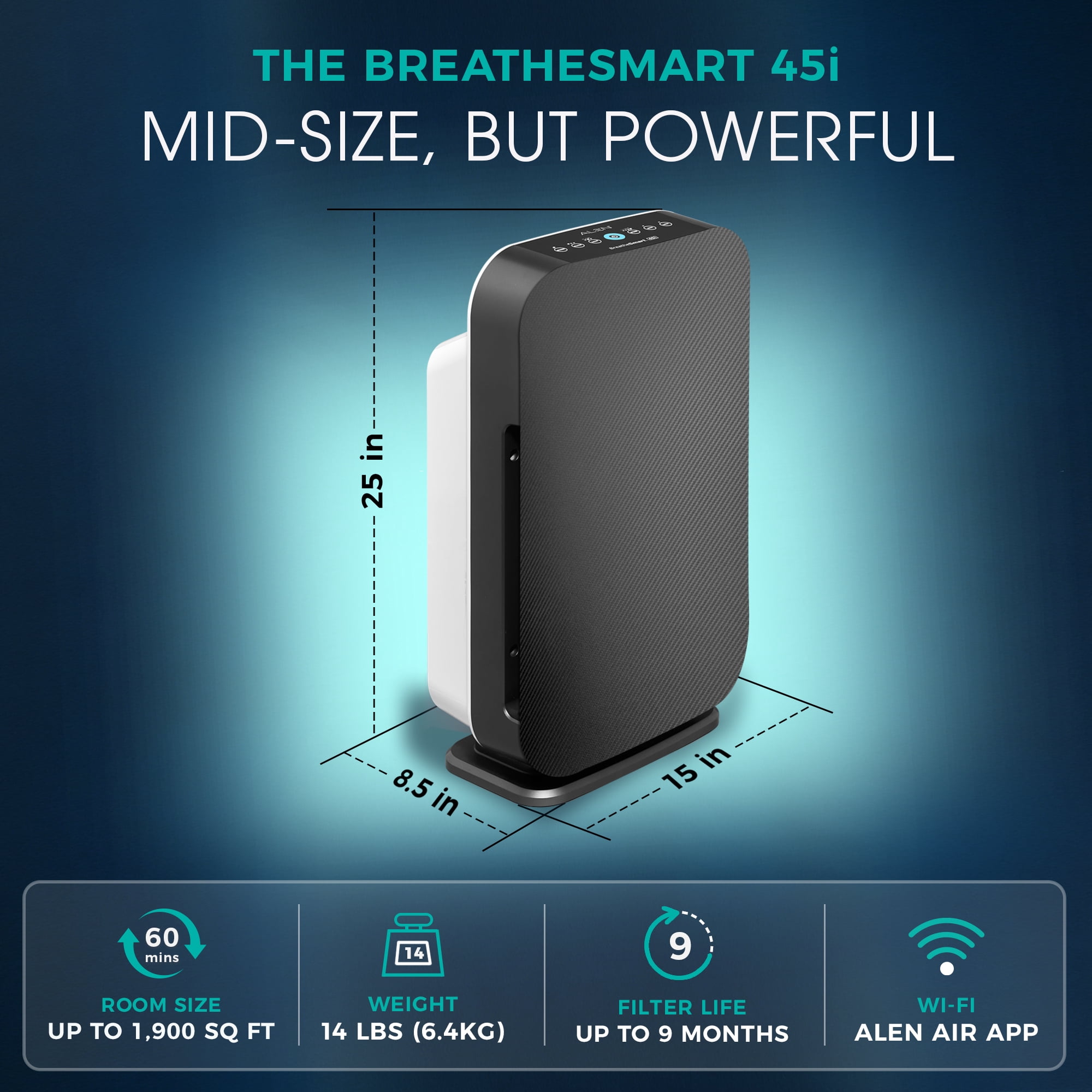 Alen Air Purifier BreatheSmart 45i HEPA with Advanced (Fresh) Filter for Large Rooms up to 1900 Sq. Ft - Perfect for Bedrooms & Home Offices - Captures Dust + Household Odors & Smoke