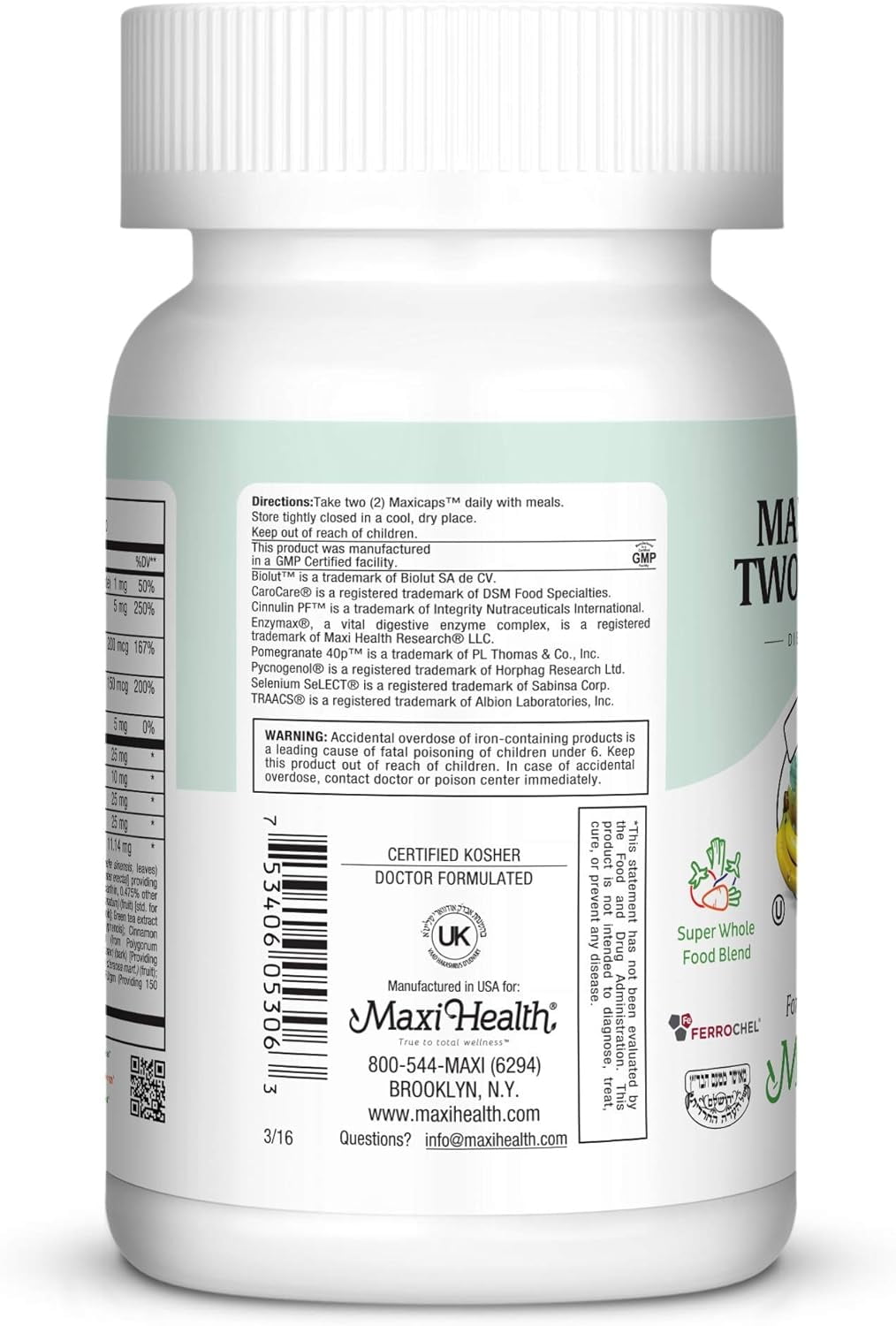 Maxi Health Two Complete Multivitamins & Minerals for Adults – Full Potency, 60 Capsules – Kosher, Energy, Immune & Overall Health Support