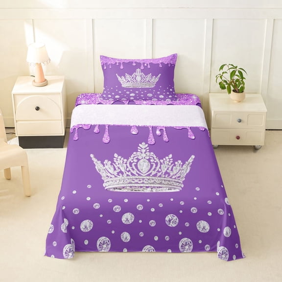 Erosebridal 3D Princess Crown Twin Sheet Sets,Purple Sequin Print Bedding For Girls Kids 3 Pieces