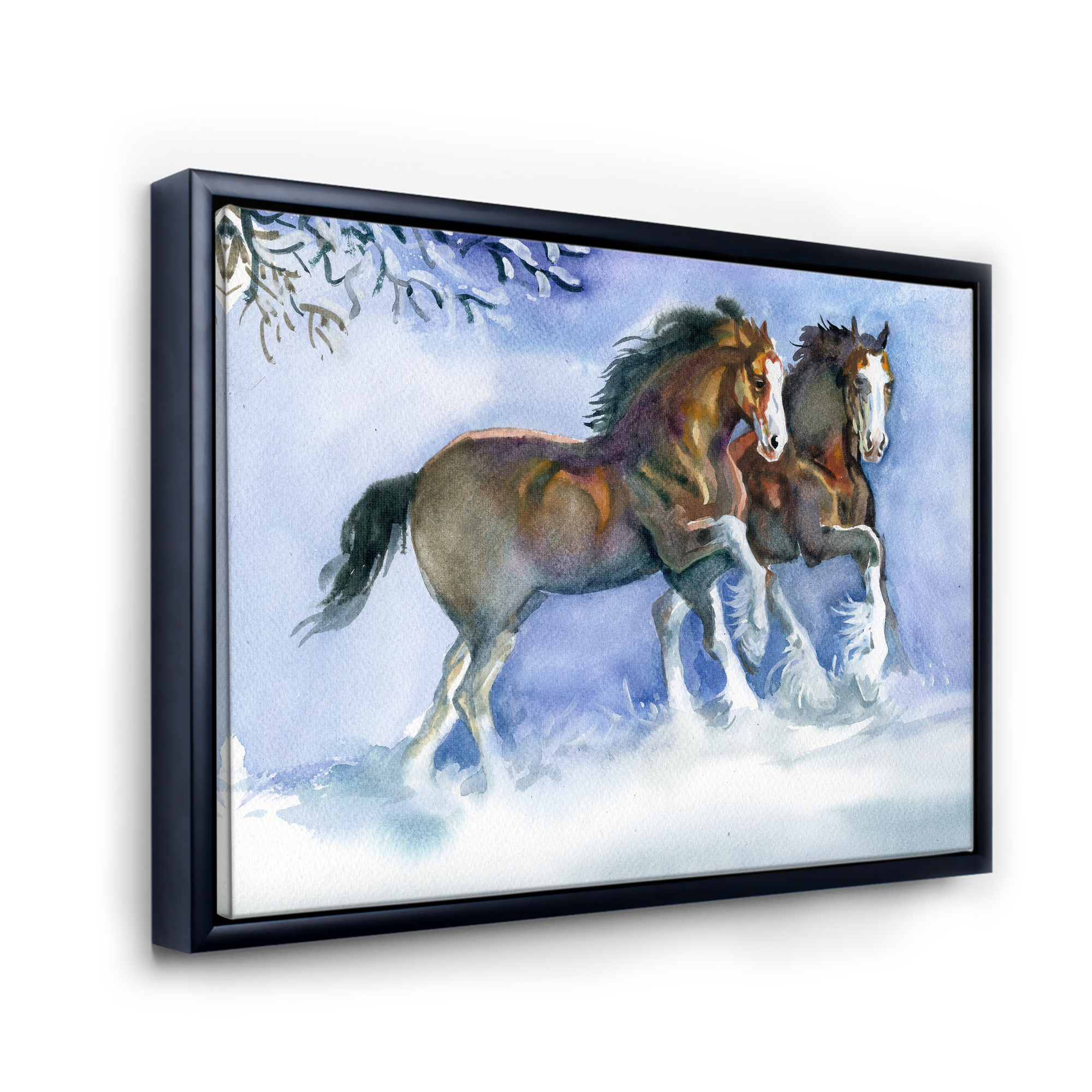 Designart 'Horses Running In Winter On Blue' Farmhouse Framed Canvas Wall Art Print