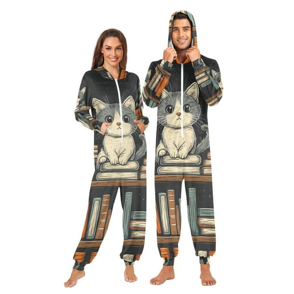 Cat in Bookshelf Adult Onesie Pajamas Slim Fit Christmas One Piece Suit Pjs for Women and Men Hooded Zipper