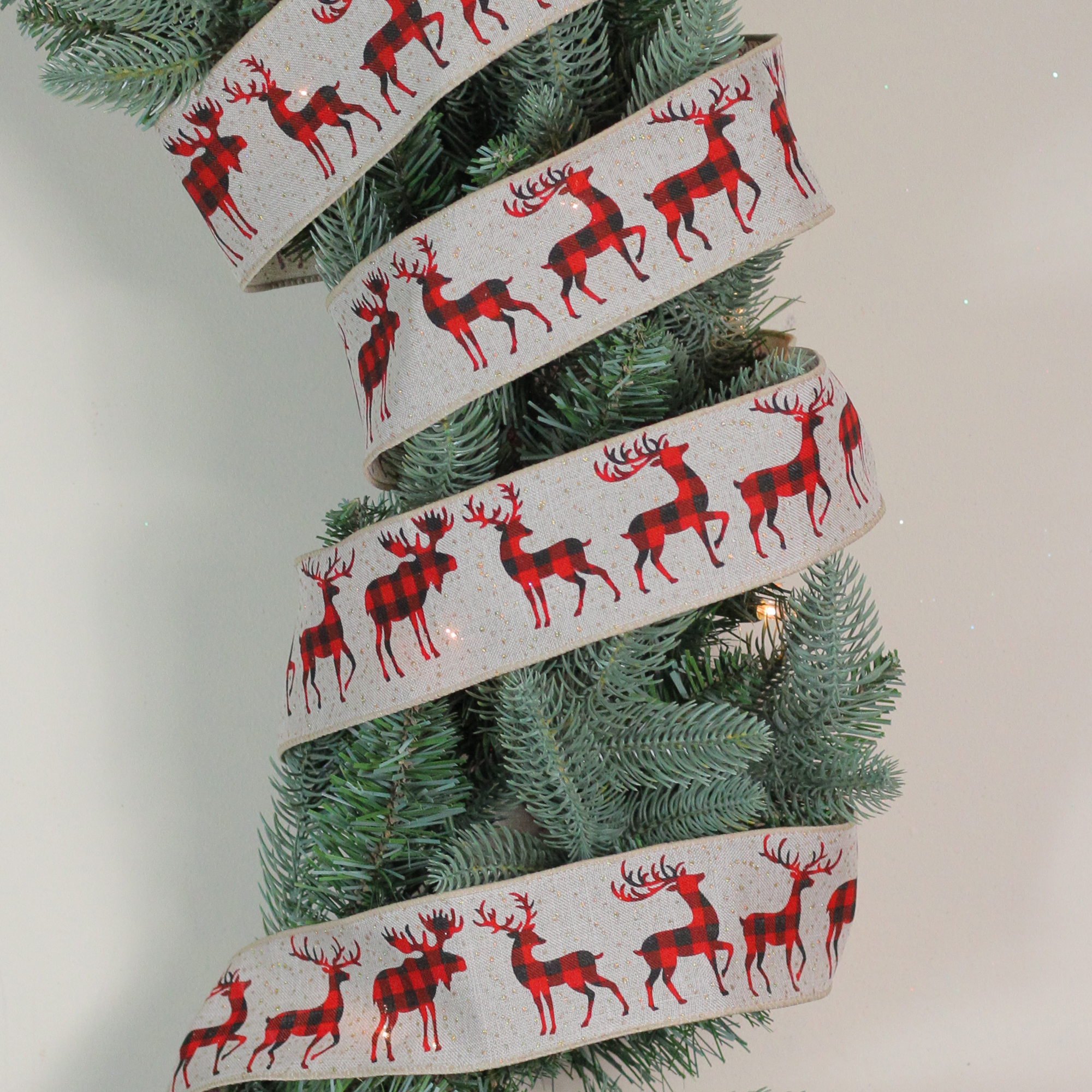 Buffalo Plaid Deer and Sparkle Burlap Style Wired Craft Ribbon 2.5" x 16 Yards