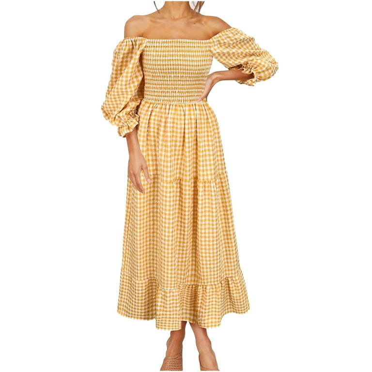Women's Boho Puff Sleeve Shoulder Summer Casual Plaid Ruffle Midi
