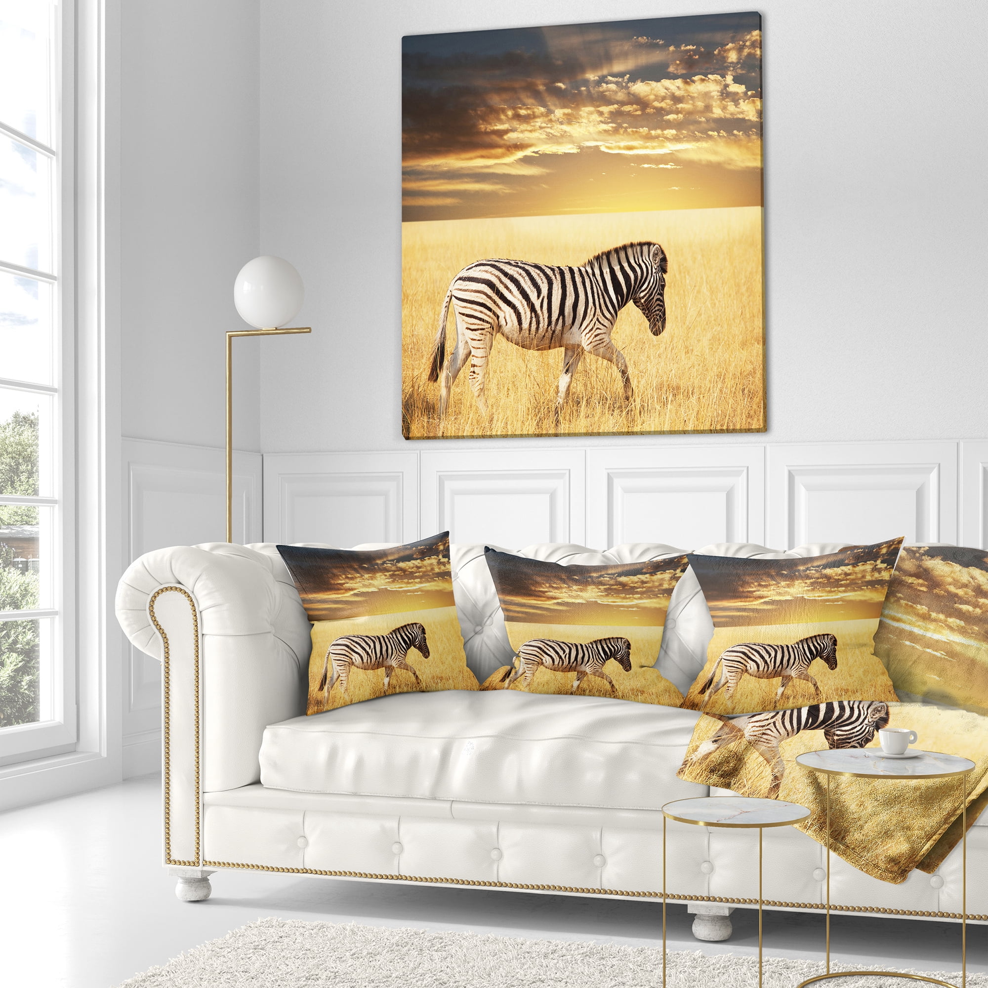 Designart Solitary Zebra Walking in Grassland - African Throw Pillow - 18x18