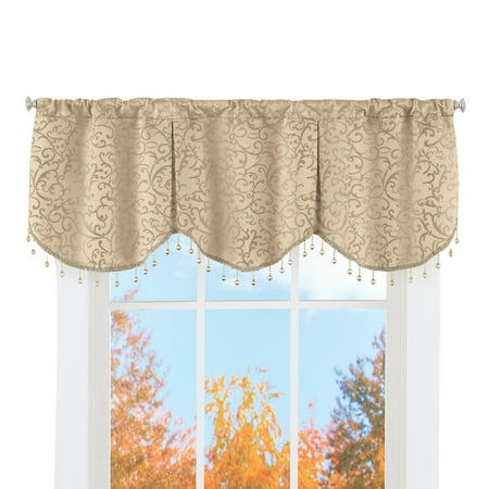 Formal Look Elegant Beaded Window Valance Curtain With Scroll