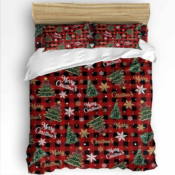 Merry Christmas Full Size Comforter Set, Xmas Trees Winter Snowflakes Stars Red Plaid Bedding for All Seasons, 4 Pcs Bed Set with 1Comforter (86"x86") ,1 Sheet(80"x116"), 2 Pillowcases (19"x29")