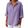 thumbnail image 6 of IMENGL Long Sleeve Shirts for Women Casual Linen 2026 Loose Fit V Neck Button Down Cute Solid Summer Beach T-Shirt Soft Women's Basic Tee Long Sleeve Tops,Purple, 6 of 8