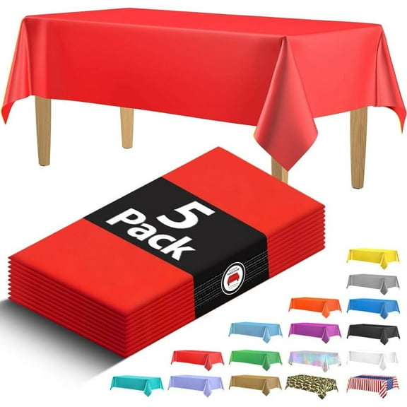XIACOCO-5 Pack Premium Red Plastic Tablecloth - 108 X 54 In. Disposable Rectangle Plastic Table Cloth - Decorative Rectangle Table Cover Smooth Tablecloth - Disposable Table Cloths For Parties, Weddi