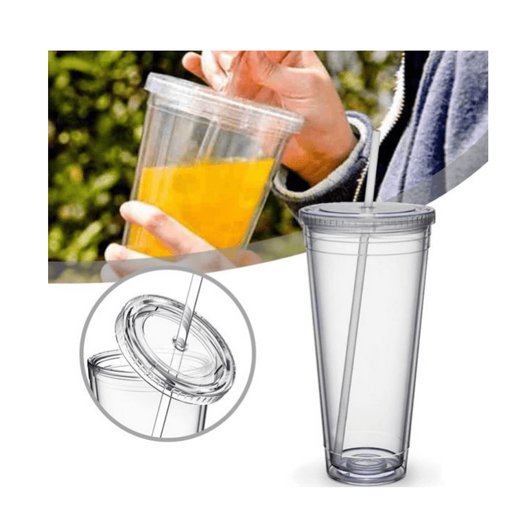 Double Wall Clear Plastic Tumblers,Reusable Cup With Lids And Straws For  Adults Kids,Insulated Tumbler,BPA FREE 480ml/16OZ 