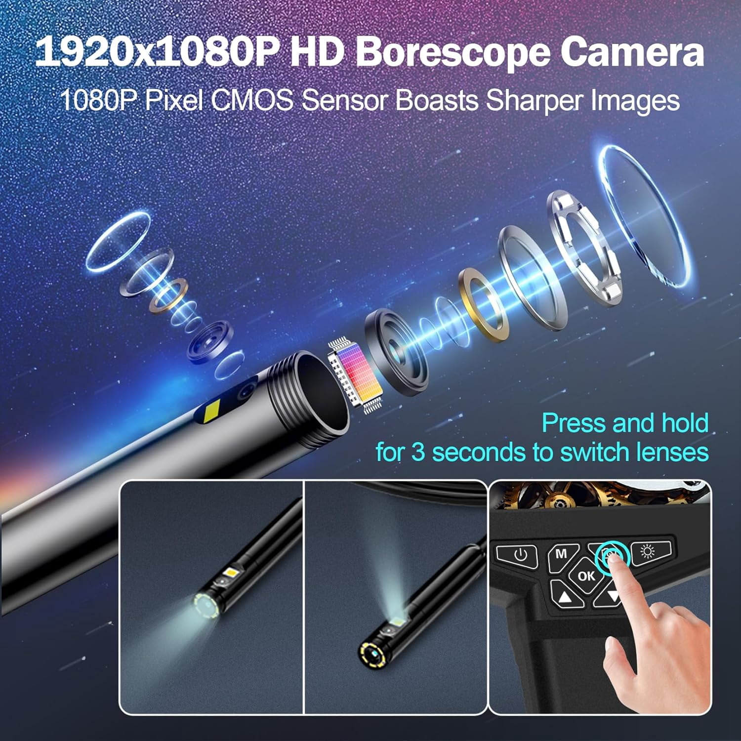 Binazon Dual Lens Borescope Camera With 32GB Card, Industrial Endoscope, 4.3" LCD Screen, 16.5ft 2000mAh