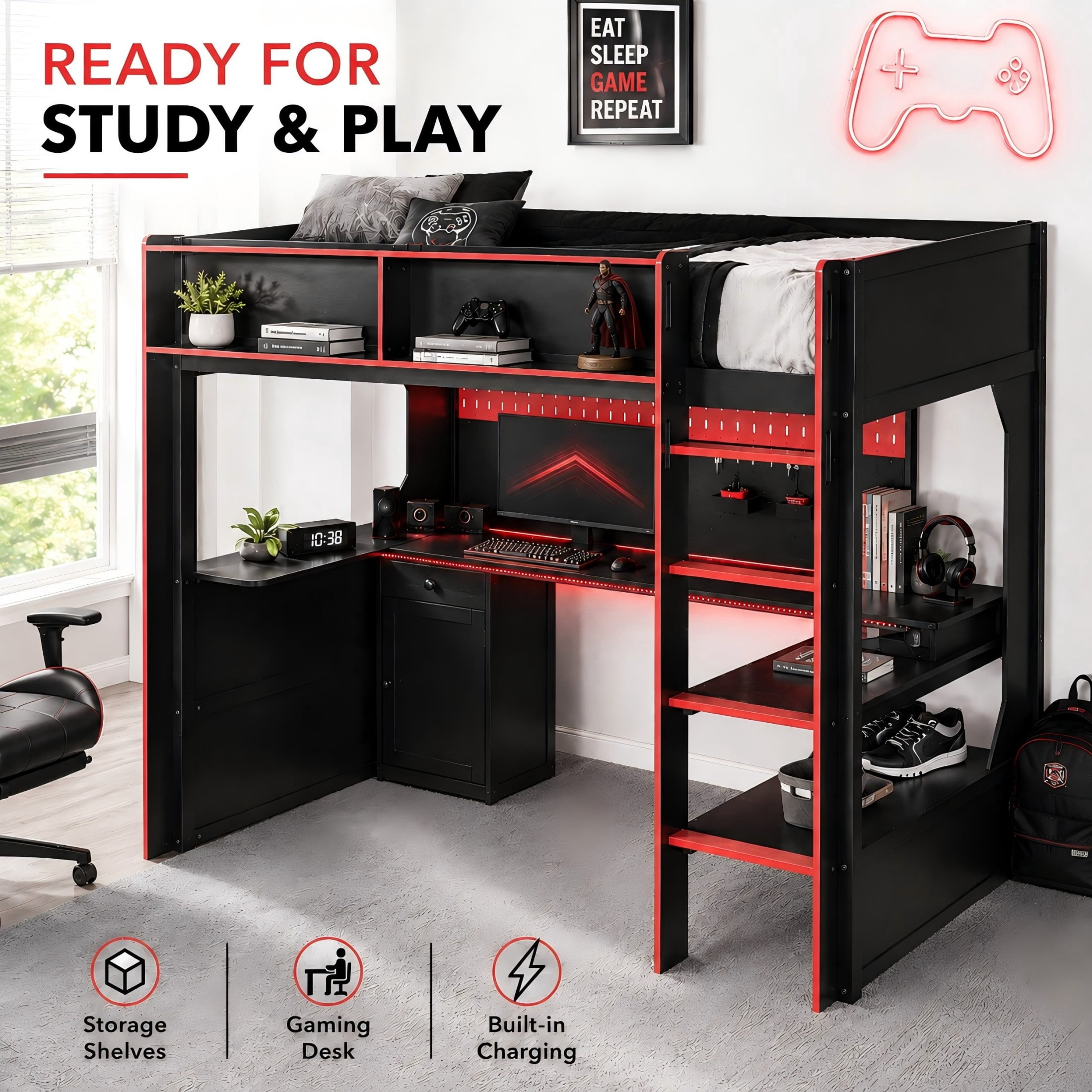Aukfa Full Size Gaming Loft Bed with Desk, LED Lights, Charging Station & Storage Shelves/Cabinet, Wooden Bed Frame for Kids, Black/Red